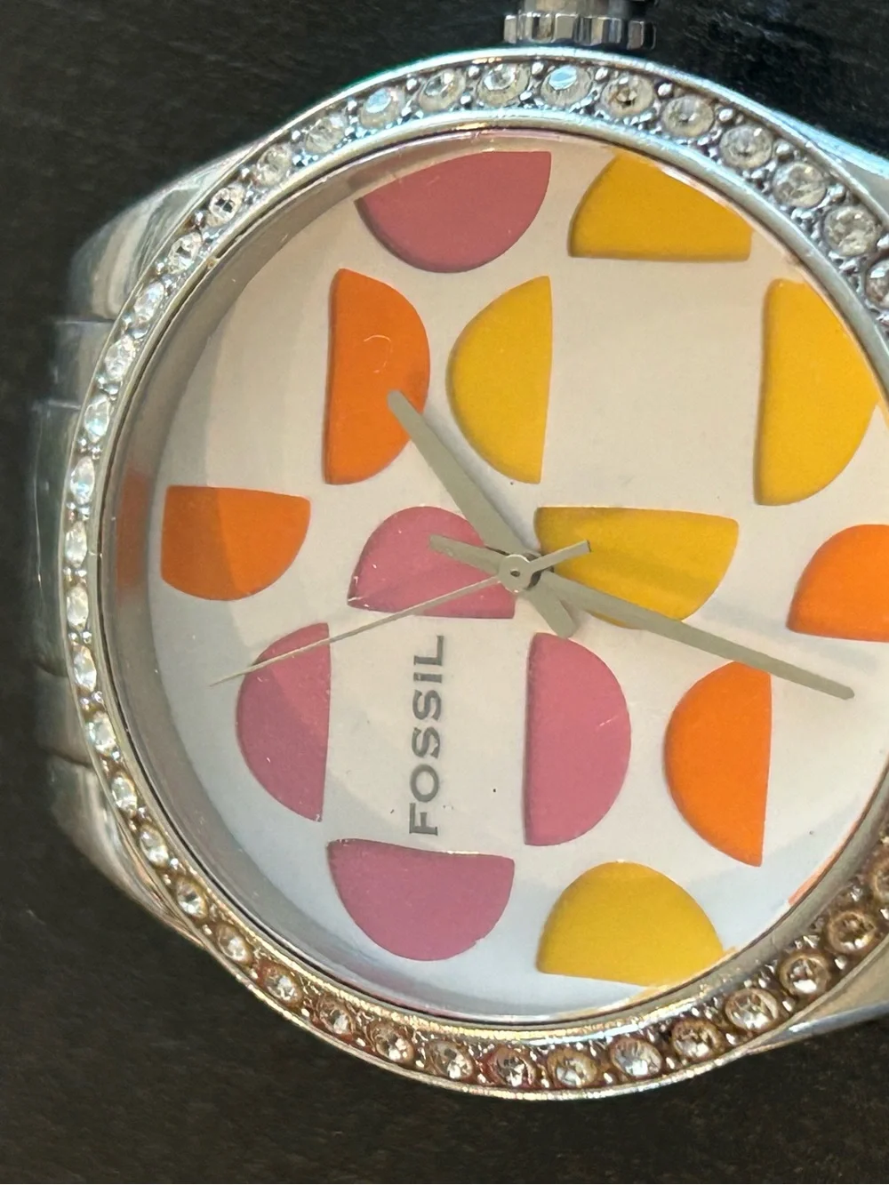 Fossil Silver Bracelet Watch with Pink, Orange and Yellow Accents